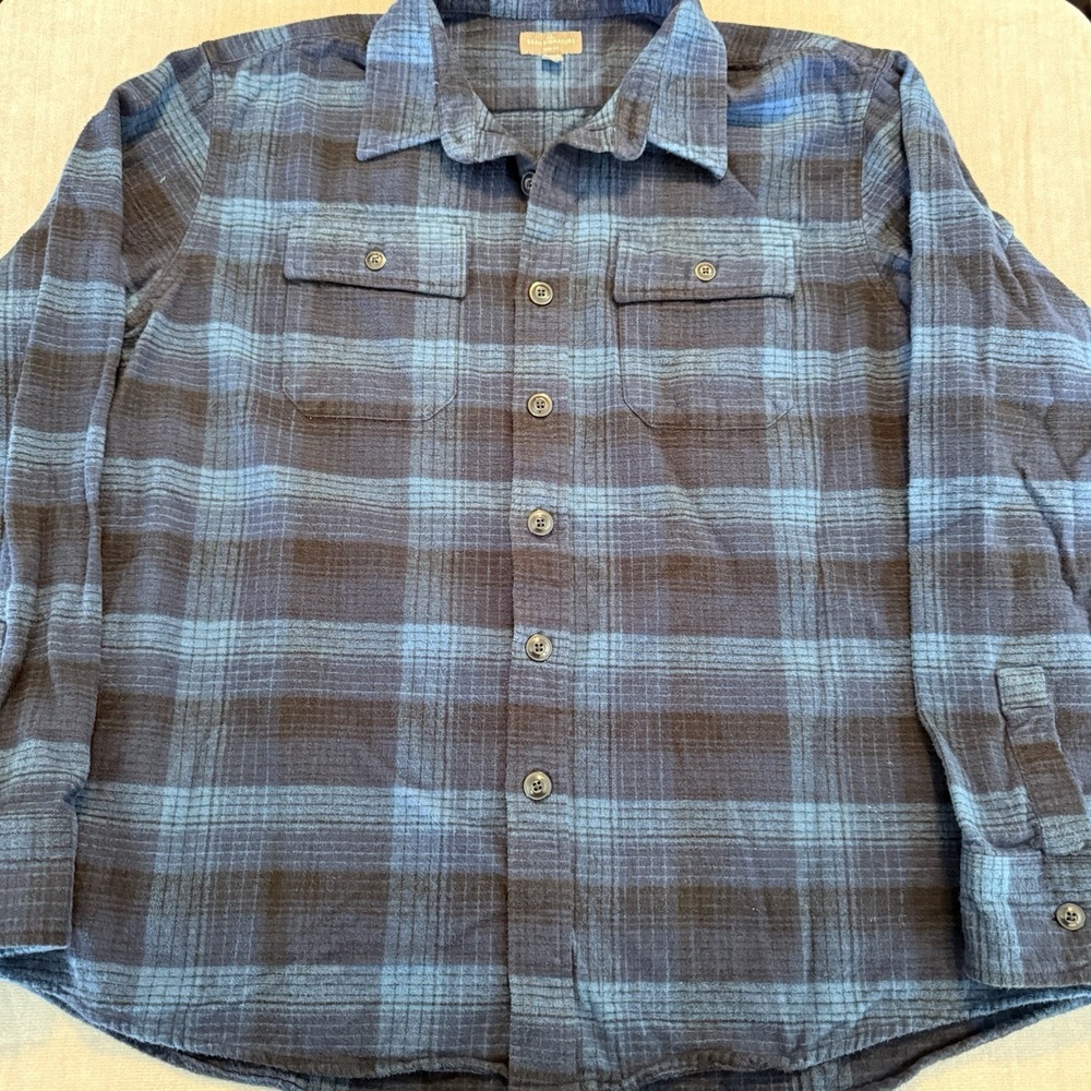 L.L.Bean Signature XXL Blue Plaid Flannel Shirt Slim Fit Button Front Cotton